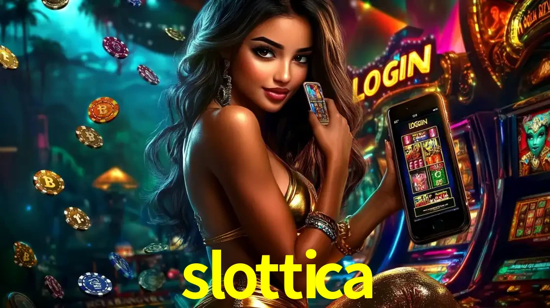 Mulher em um cenário de cassino temático de aventura, mostrando o app de caça-níqueis da slottica no celular. Fichas de apostas flutuam ao redor.