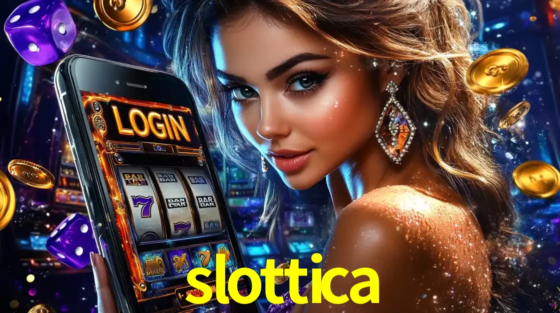 Mulher glamorosa segurando um smartphone com a tela de login para os jogos de caça-níqueis do cassino online slottica, com moedas de ouro e dados ao redor.