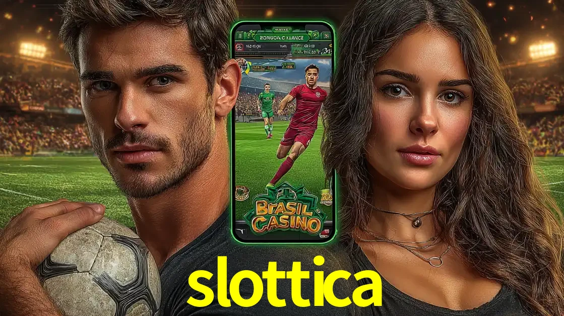 Homem segurando uma bola de futebol e uma mulher ao lado de um smartphone exibindo o jogo de apostas esportivas da slottica. Faça seu palpite no cassino online.